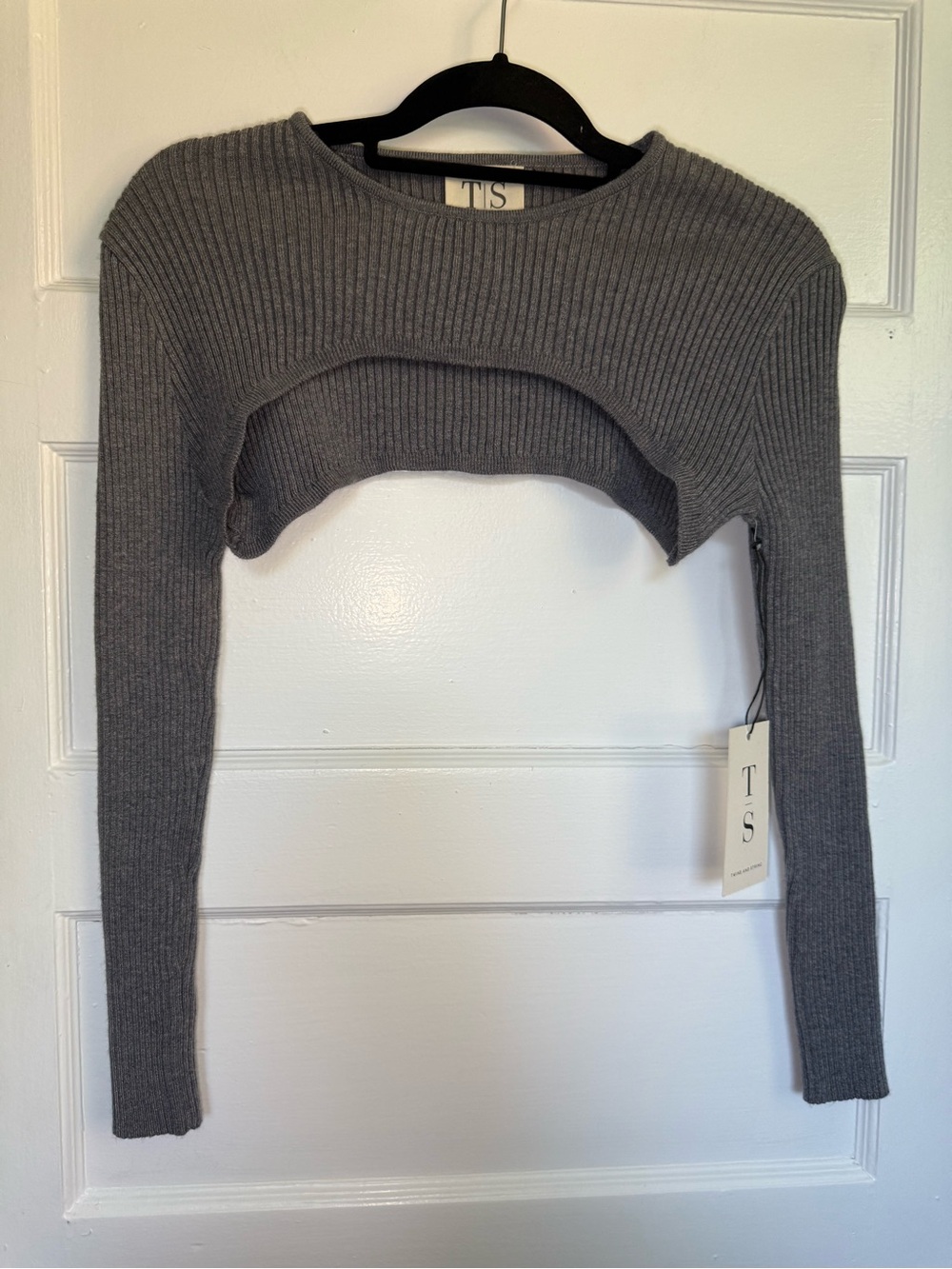 Twine and String Cropped Ribbed Shrug Shoulder Sweater Top- Gray Balletcore M